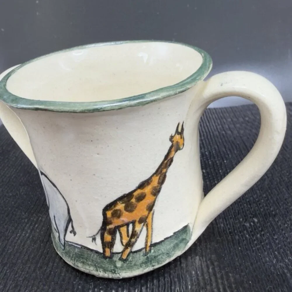 G Miller Signed Handcraft Art Pottery Double Handle Cup Mug Elephant Giraffe VTG
